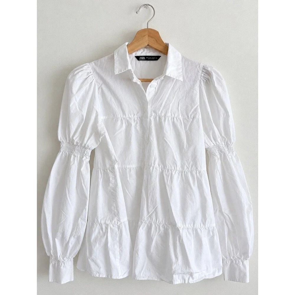ZARA Women’s White Puff Sleeve Button Down Shirt Blouse Size S